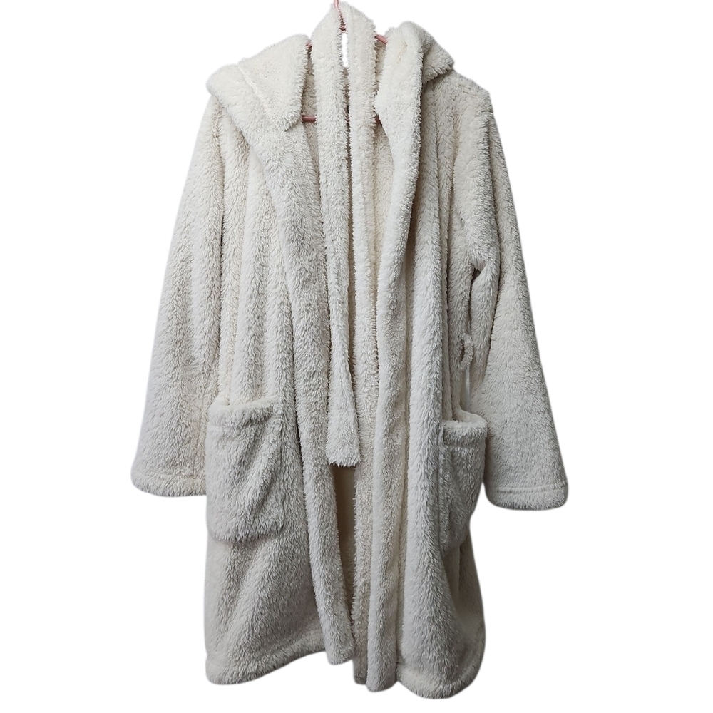 UGG White Fleece Hooded Robe w/ Belt Fluffy Sz Med Womens